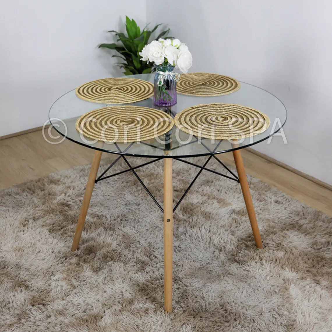 Comedor Eames Vidrio 100cms + 4 Sillas Patchwork Davinci 3