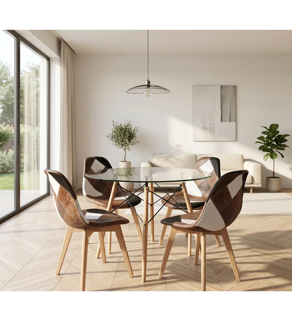 Comedor Eames Vidrio 100cms + 4 Sillas Patchwork Davinci