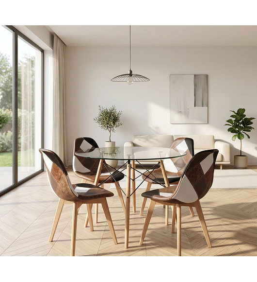 Comedor Eames Vidrio 100cms + 4 Sillas Patchwork Davinci