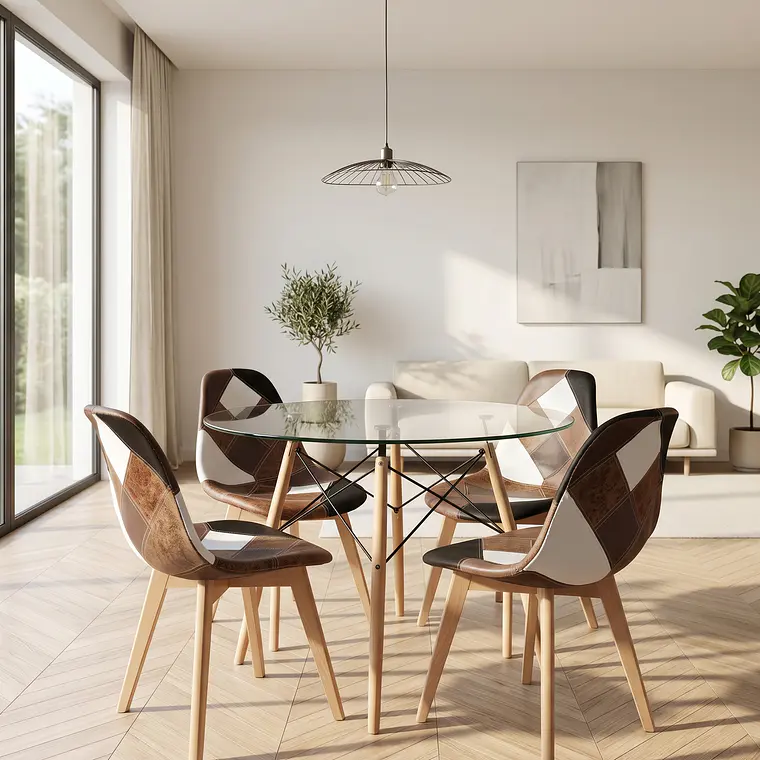 Comedor Eames Vidrio 100cms + 4 Sillas Patchwork Davinci 1