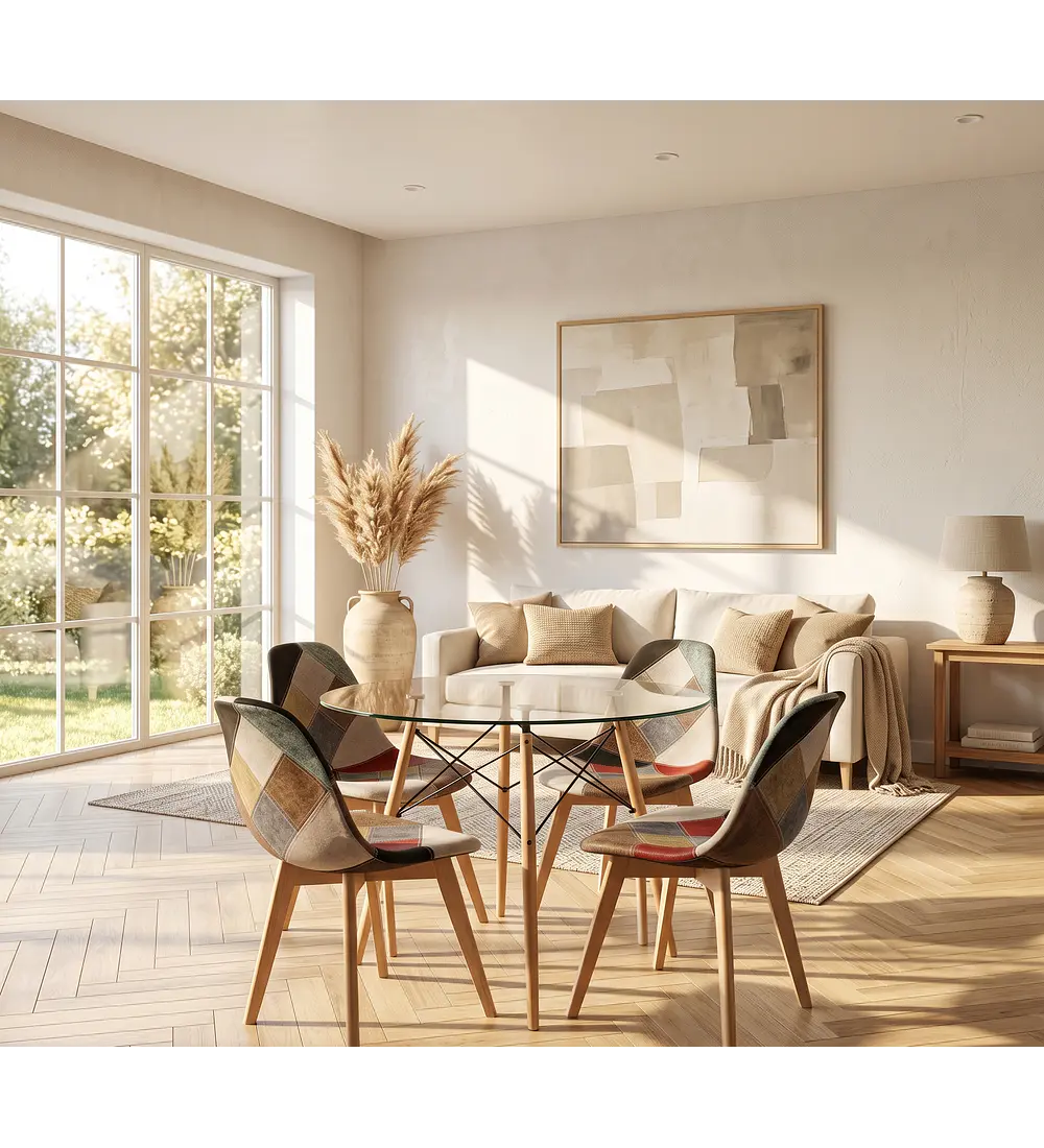 Comedor Eames Vidrio 100cms + 4 Sillas Patchwork Davinci