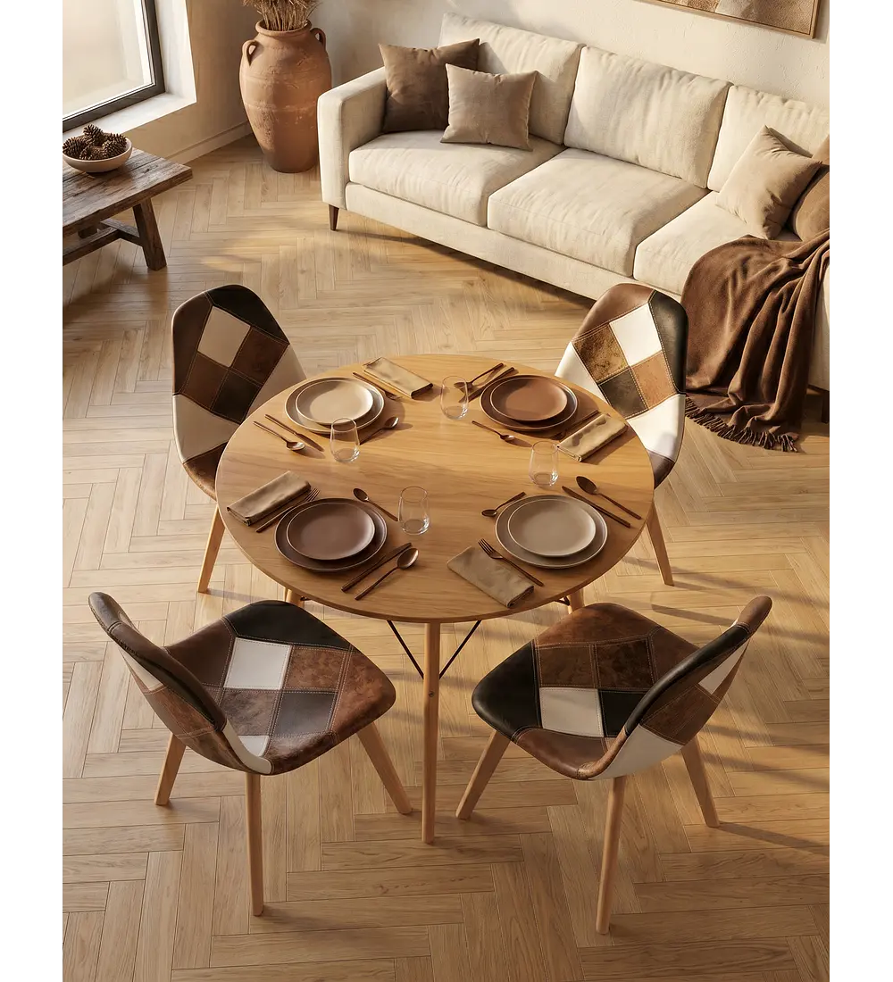 Comedor Eames Wood 100cms + 4 Sillas Patchwork Davinci