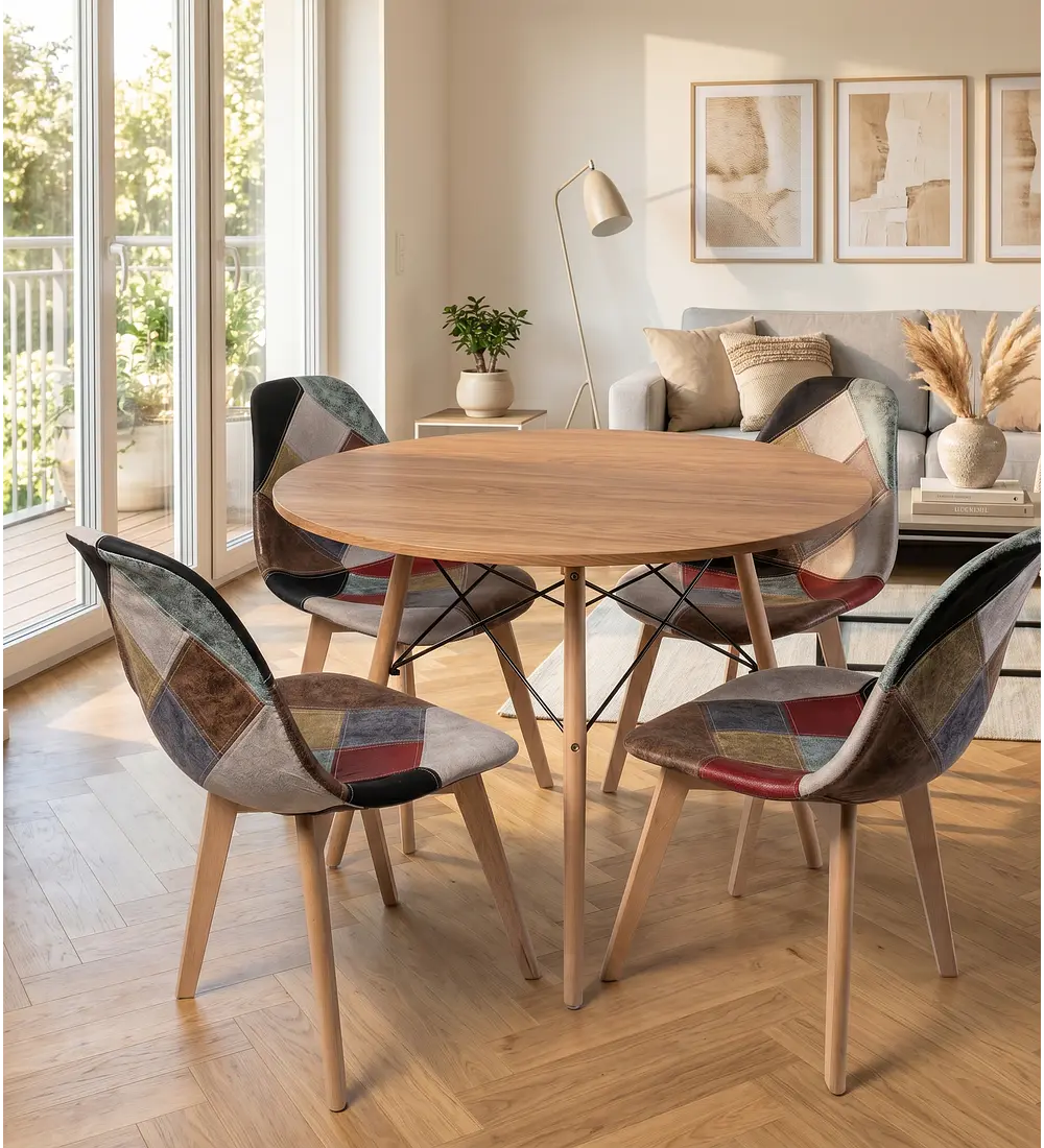 Comedor Eames Wood 100cms + 4 Sillas Patchwork Davinci
