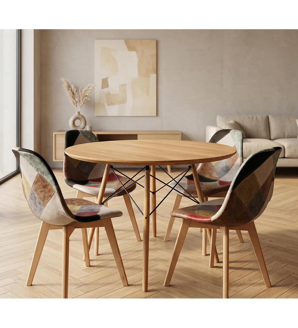 Comedor Eames Wood 100cms + 4 Sillas Patchwork Davinci