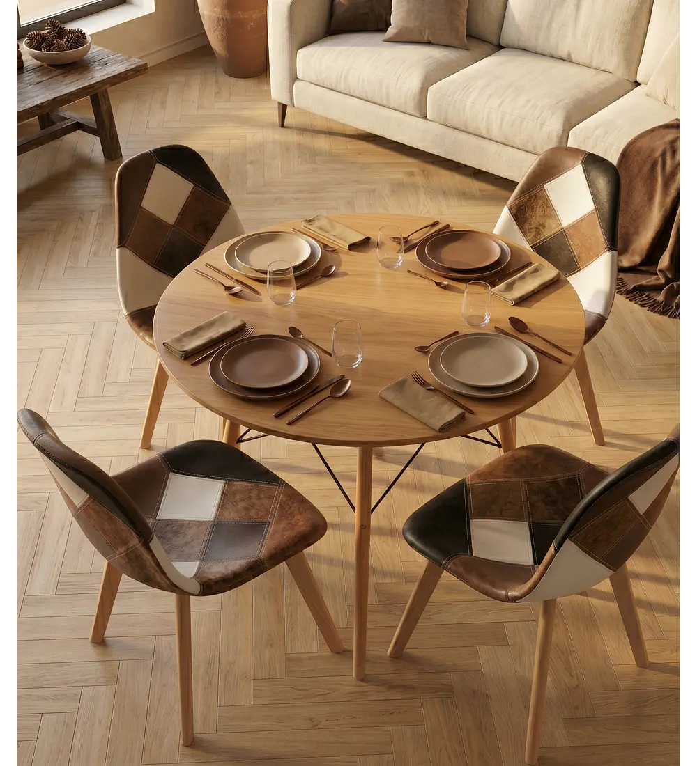 Comedor Eames Wood 100cms + 4 Sillas Patchwork Davinci