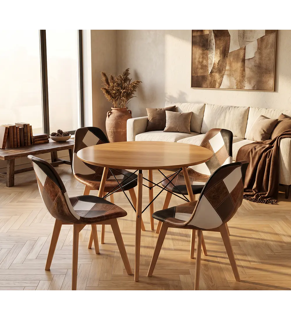 Comedor Eames Wood 100cms + 4 Sillas Patchwork Davinci