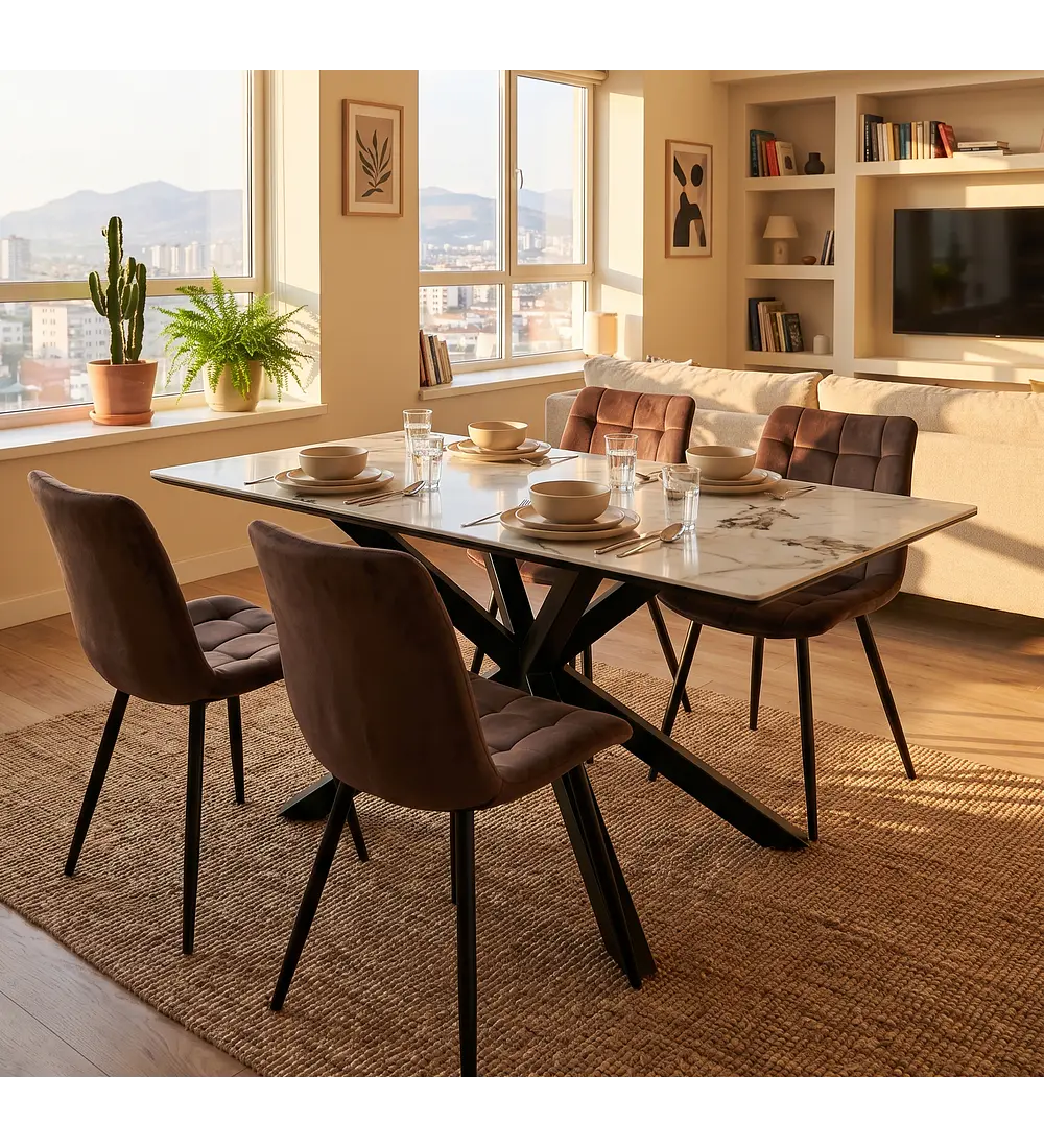 Comedor Madrid Stone 140x80cms + 4 Sillas Capitonne Top Velvet Black