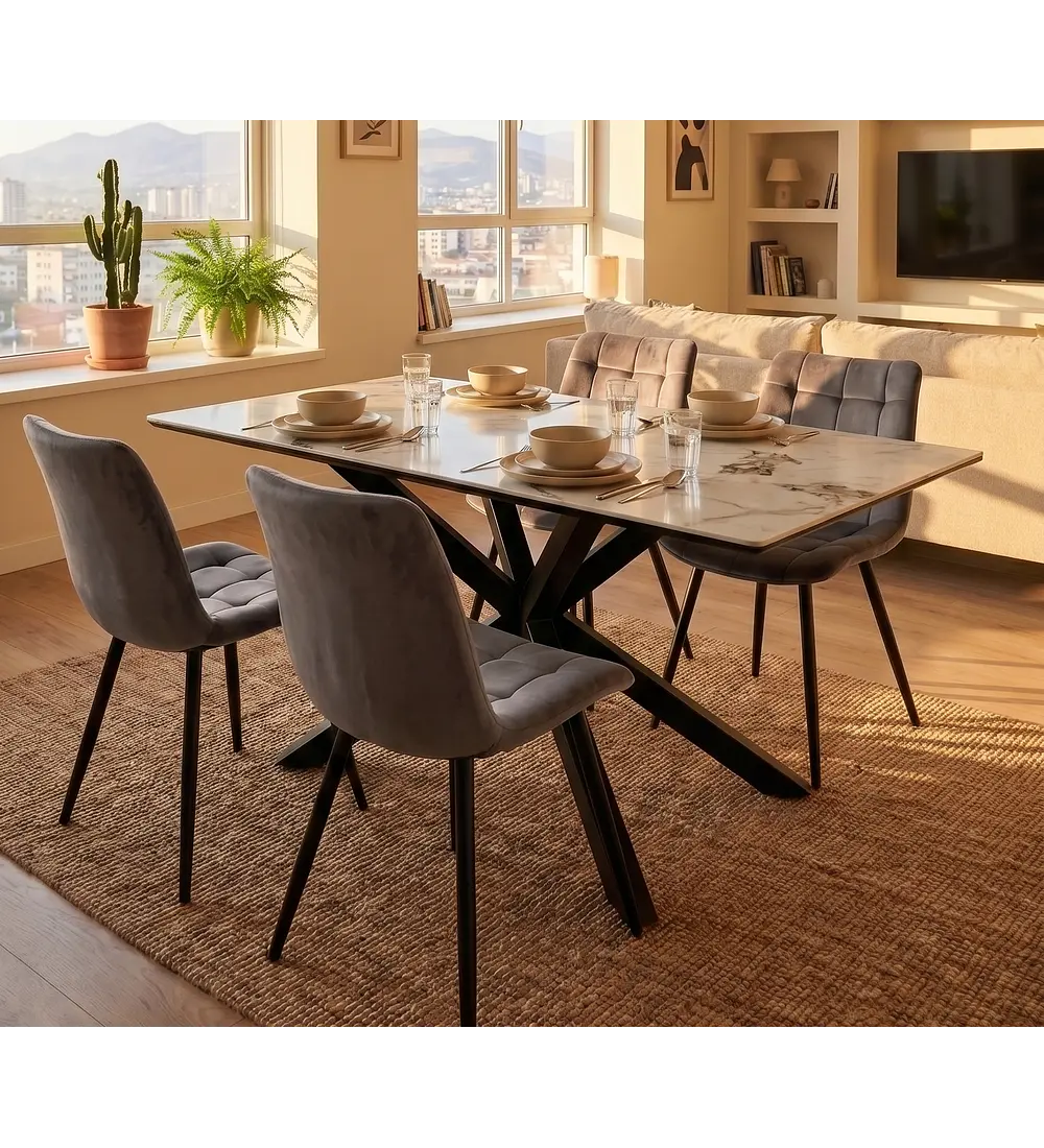Comedor Madrid Stone 140x80cms + 4 Sillas Capitonne Top Velvet Black