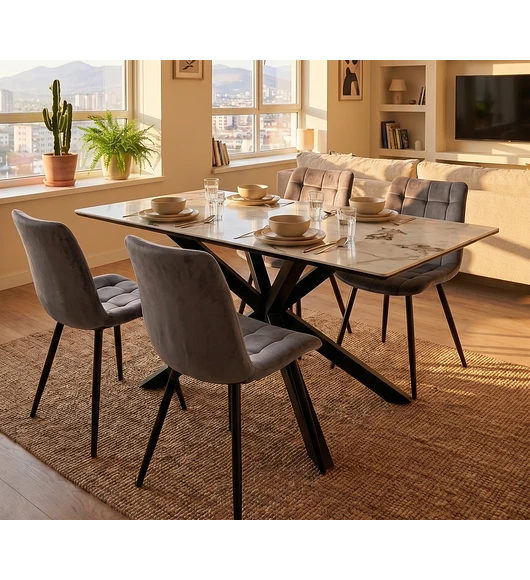 Comedor Madrid Stone Black + 4 Sillas Capitonne Top Velvet Black
