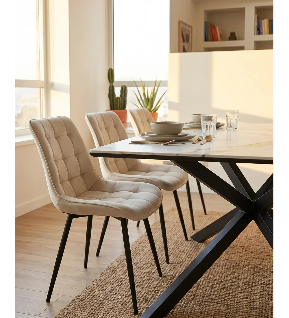 Comedor Madrid Stone 140x80cms + 4 Sillas Capitonne Top Velvet Black