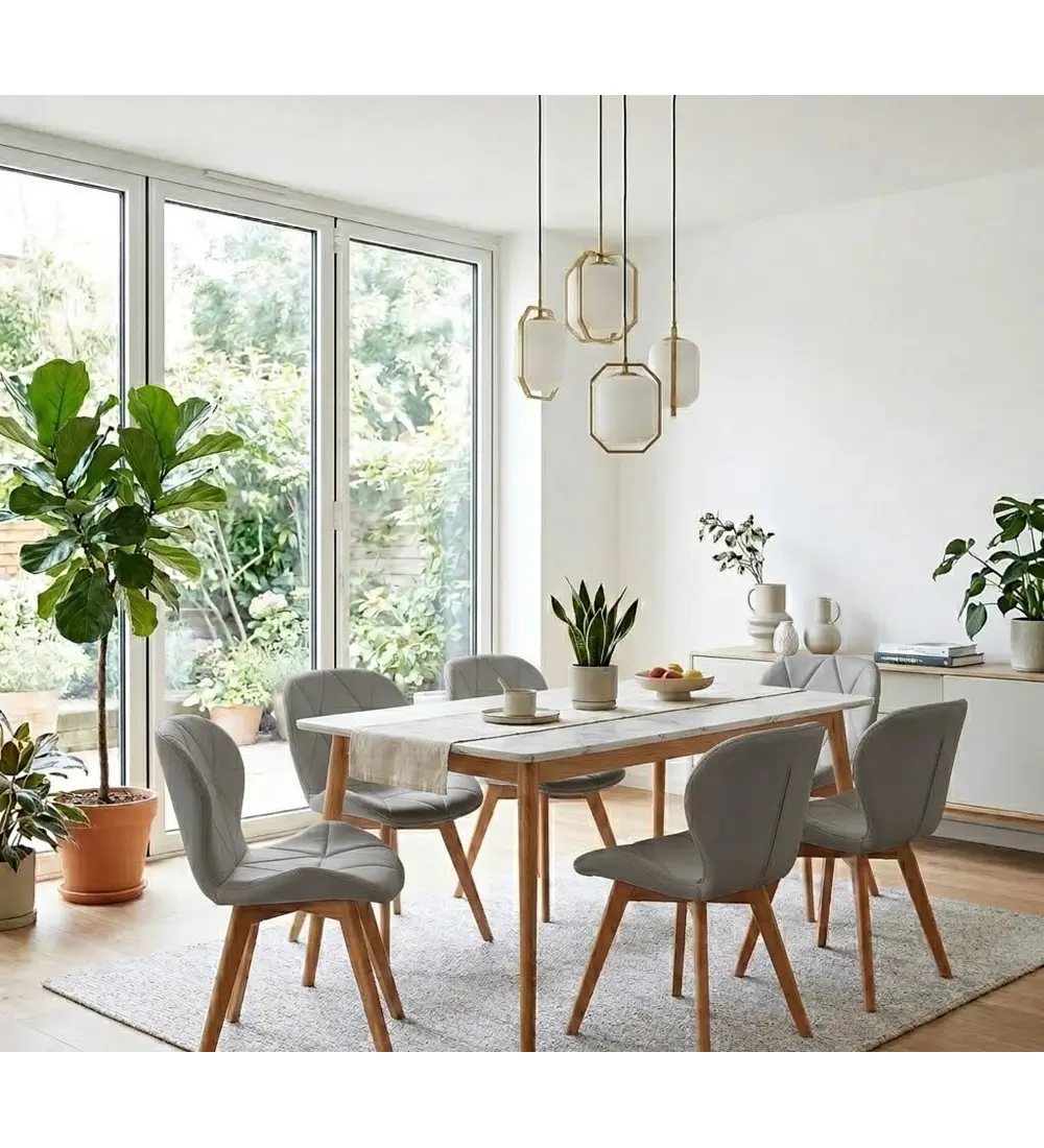 Comedor Mesa Vema 140x80cms + 6 Sillas Mariposa Ecocuero Wood