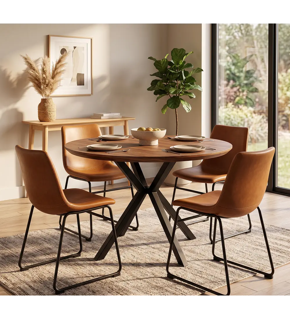 Comedor Warwick Rustica  120cm + 4 Silla Burgos de Cuero