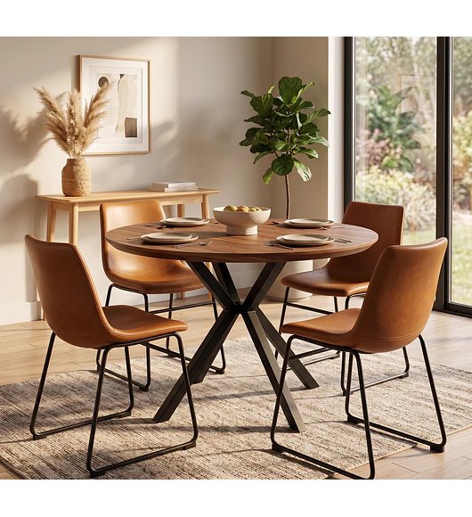 Comedor Warwick Rustica  100cm + 4 Silla Burgos de Cuero