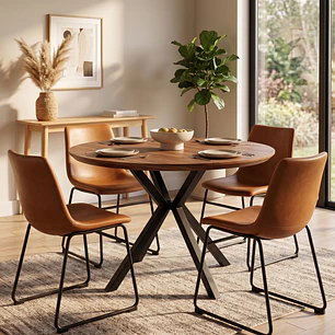 Comedor Warwick Rustica  100cm + 4 Silla Burgos de Cuero