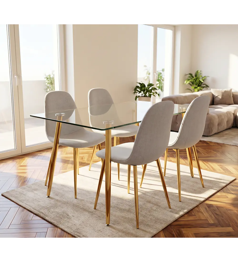 Comedor Rubi Gold 120x80cms + 4 Sillas Scoop Velvet Gold