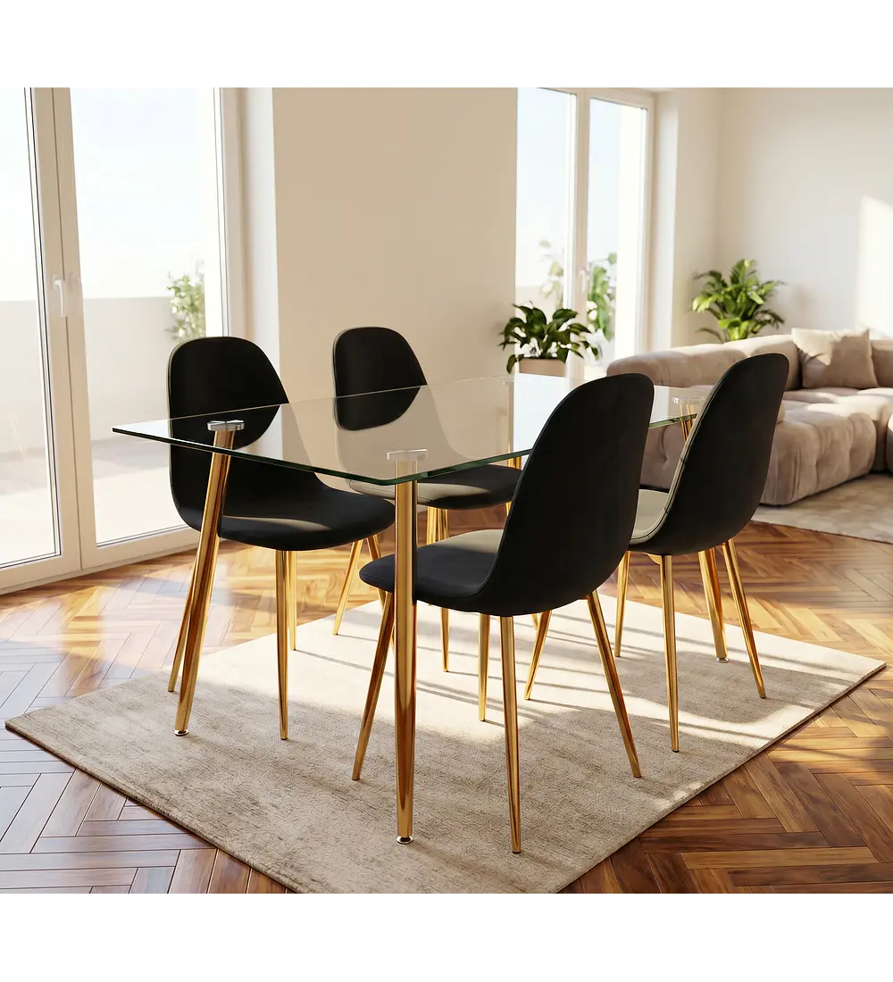 Comedor Rubi Gold 120x80cms + 4 Sillas Scoop Velvet Gold