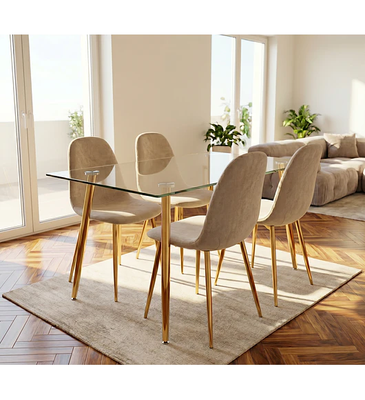 Comedor Rubi Gold 120x80cms + 4 Sillas Scoop Velvet Gold
