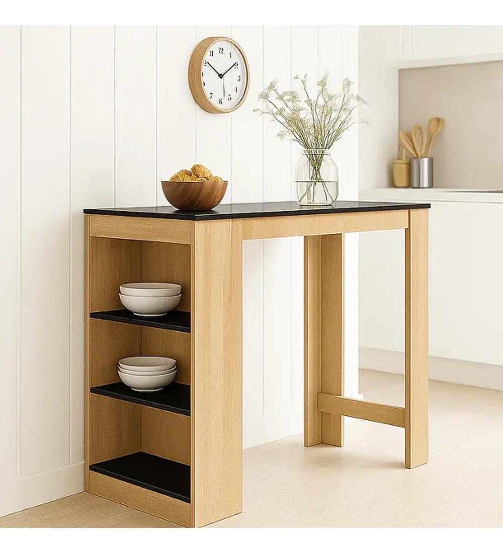 Mesa De Cocina Organizadora Alta Color Madera Con Cubierta Negra - Negro