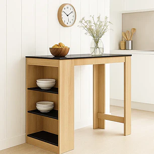 Mesa De Cocina Organizadora Alta Color Madera Con Cubierta Negra - Negro