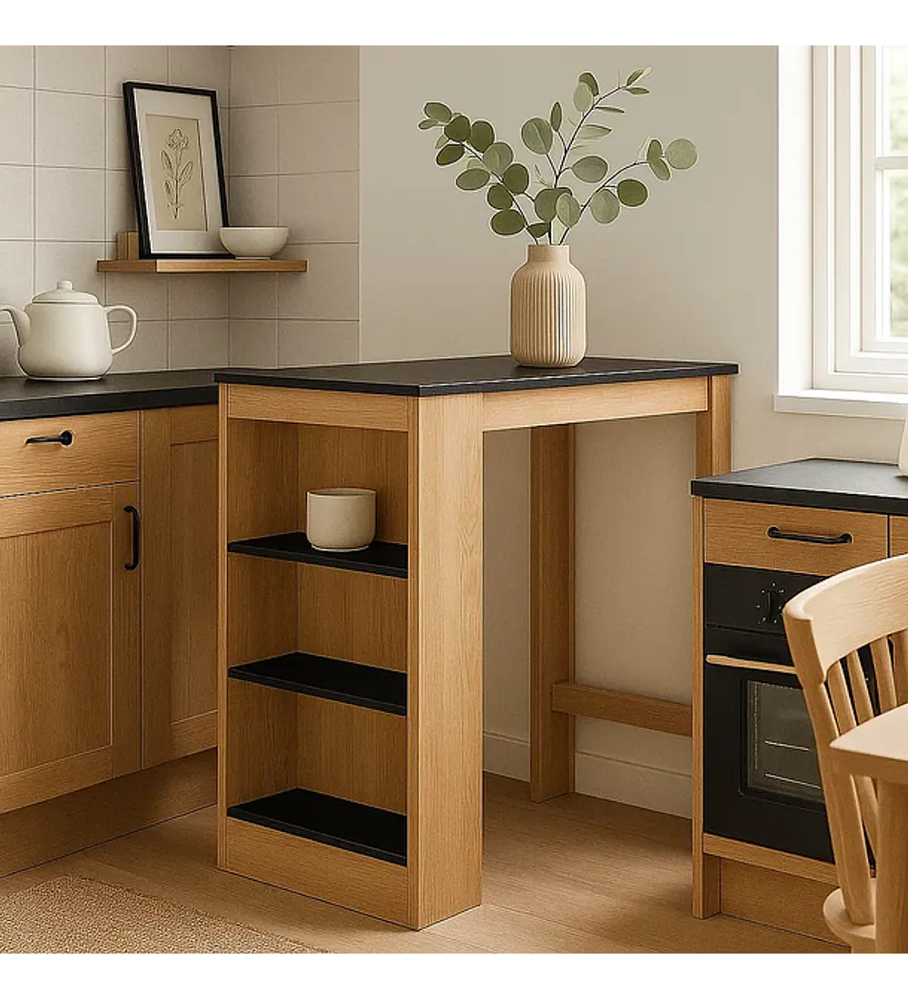 Mesa De Cocina Organizadora Alta Color Madera Con Cubierta Negra - Negro