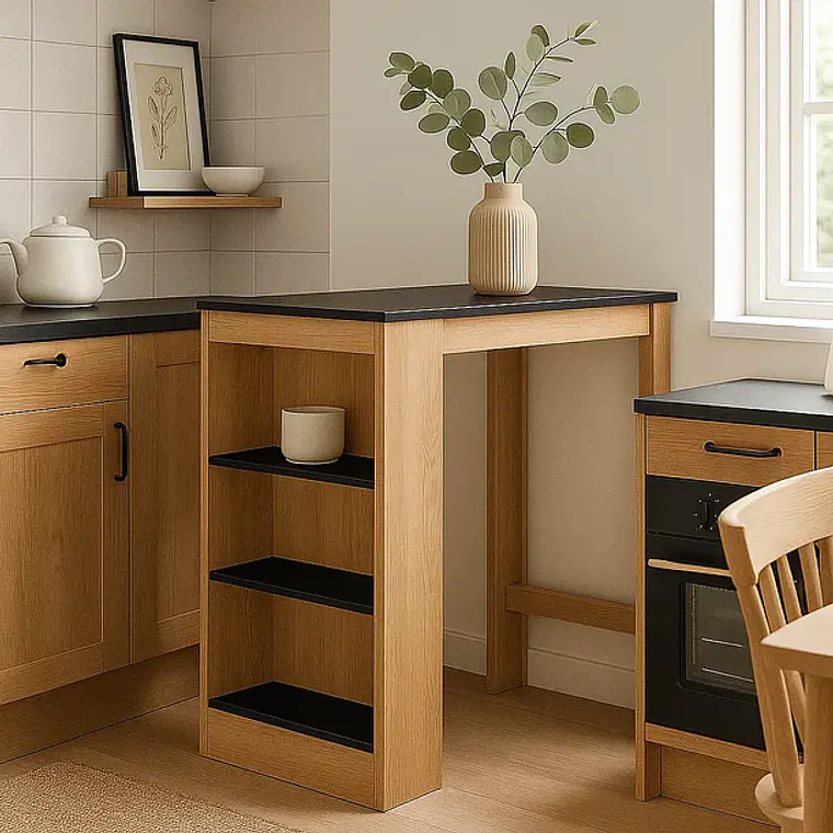 Mesa De Cocina Organizadora Alta Color Madera Con Cubierta Negra - Negro 3