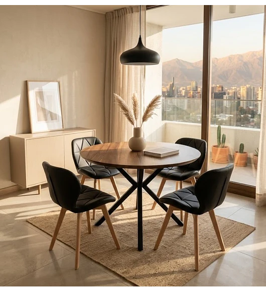 Comedor Warwick Rustica Black 120cm + 4 Sillas Mariposa Ecocuero Wood