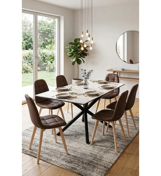 Comedor Madrid Stone 140x80cms + 6 Sillas Capitonne Lino