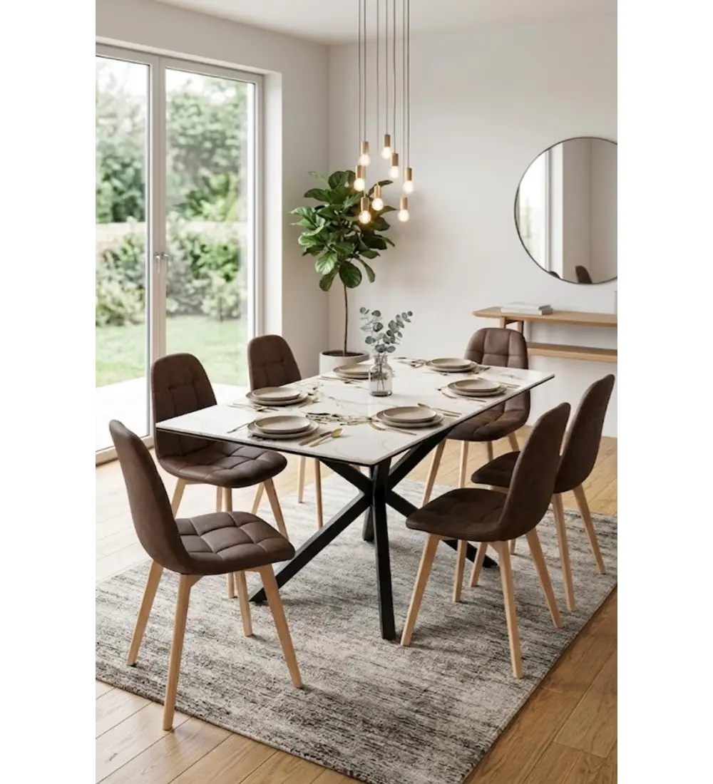 Comedor Madrid Stone Black 160x90cms + 6 Sillas Capitonne Lino