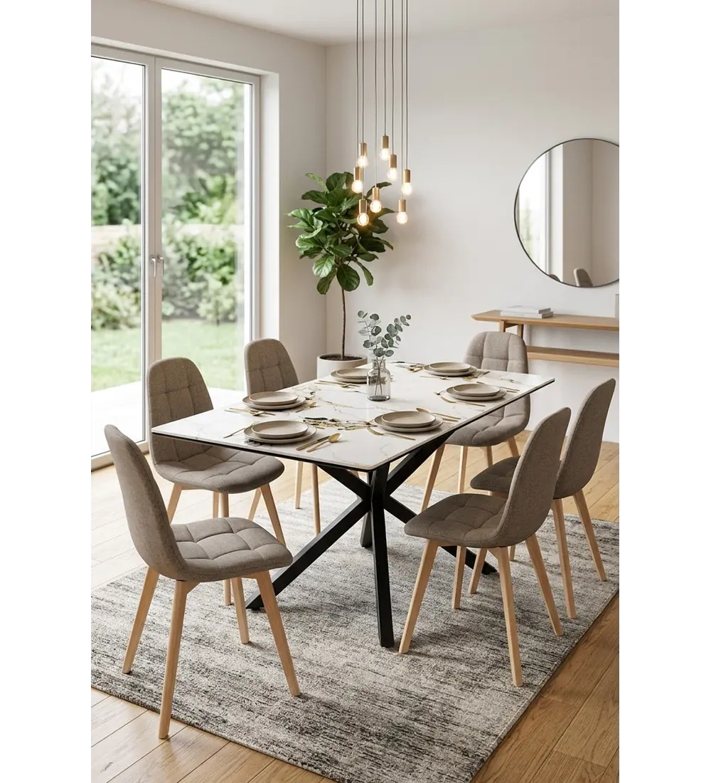 Comedor Madrid Stone Black 160x90cms + 6 Sillas Capitonne Lino