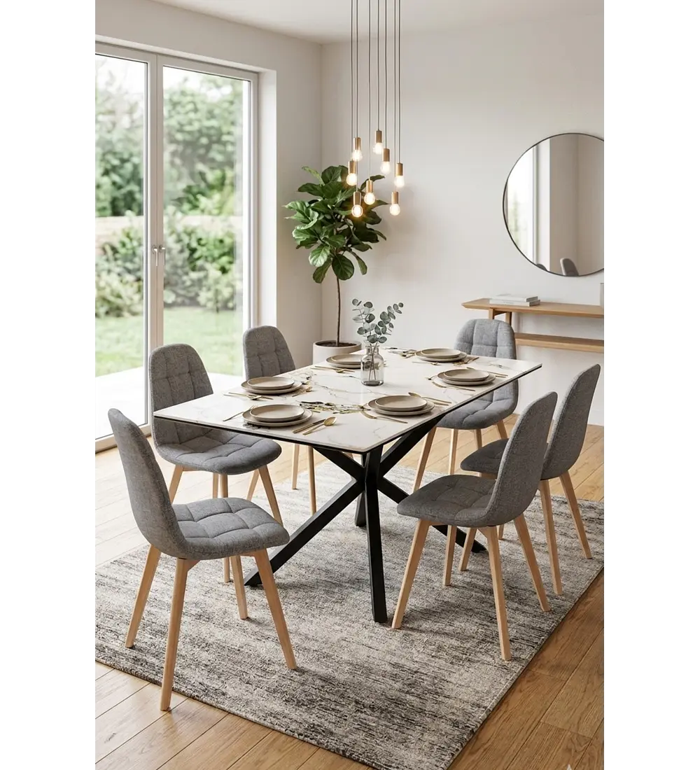 Comedor Madrid Stone Black 160x90cms + 6 Sillas Capitonne Lino