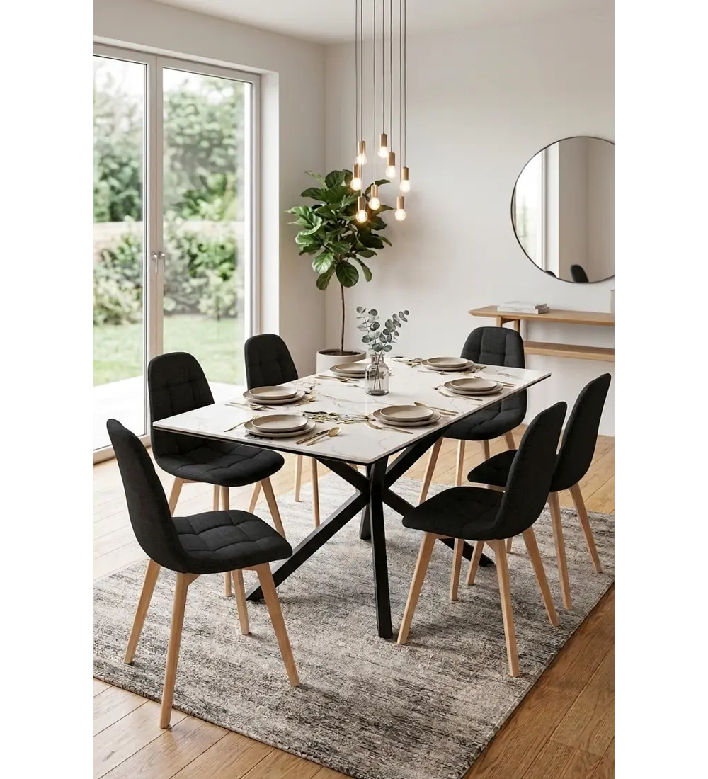 Comedor Madrid Stone Black 160x90cms + 6 Sillas Capitonne Lino