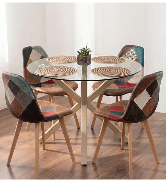 Comedor Mesa Warwick 100cm + 4 Sillas Patchwork DaVinci