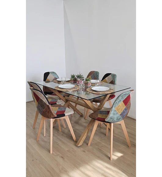 Comedor Mesa Medlock 140x90cms + 6 Sillas Patchwork DaVinci