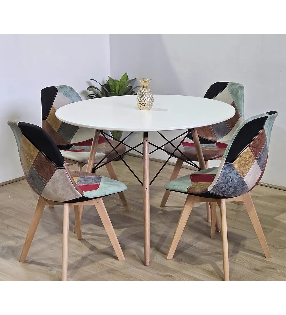 Comedor Mesa Eames Blanca 100cms + 4 Sillas Patchwork Davinci