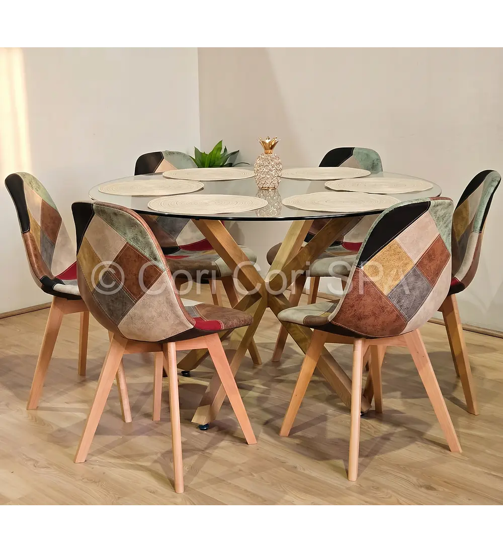 Comedor Mesa Warwick 120cm + 6 Sillas Patchwork DaVinci