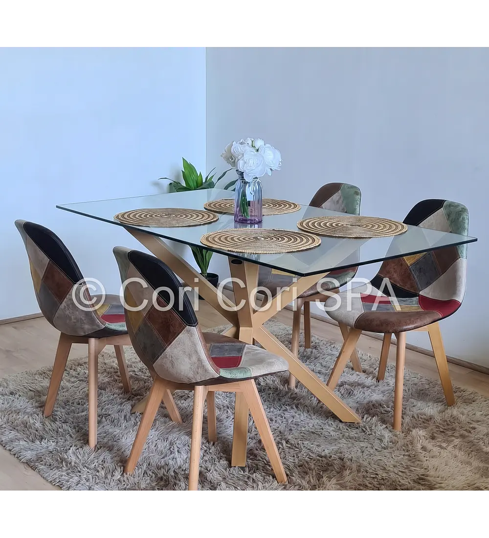 Comedor Madrid 160x90cm + 4 Sillas Patchwork Davinci