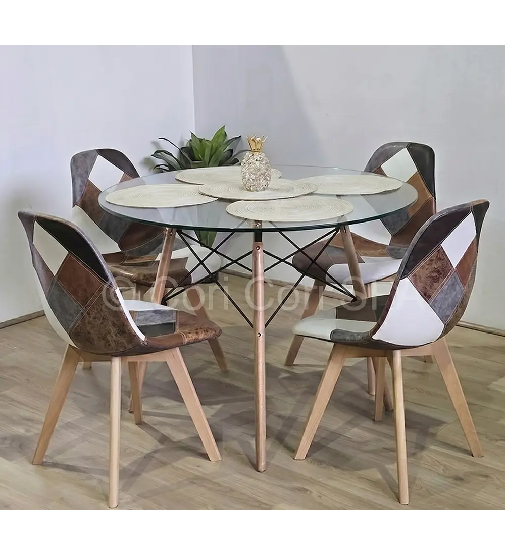Comedor Eames Vidrio 100cms + 4 Sillas Patchwork Davinci