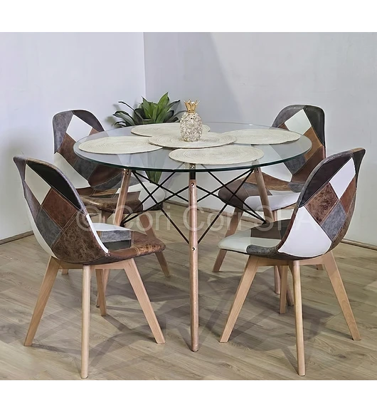 Comedor Eames Vidrio 100cms + 4 Sillas Patchwork Davinci