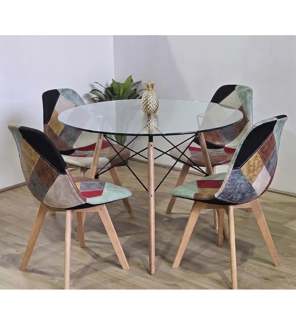 Comedor Eames Vidrio 100cms + 4 Sillas Patchwork Davinci