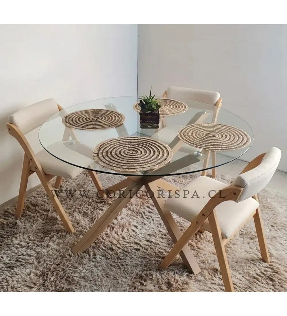 Comedor Mesa Warwick Vidrio + 4 Sillas Betlahem de Madera Plegable 