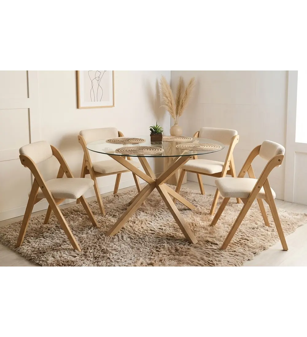 Comedor Mesa Warwick Vidrio + 4 Sillas Betlahem de Madera Plegable 
