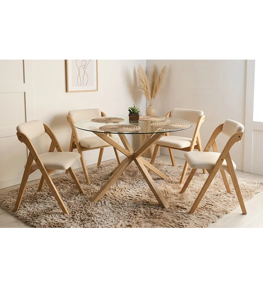 Comedor Mesa Warwick Vidrio + 4 Sillas Betlahem de Madera Plegable 