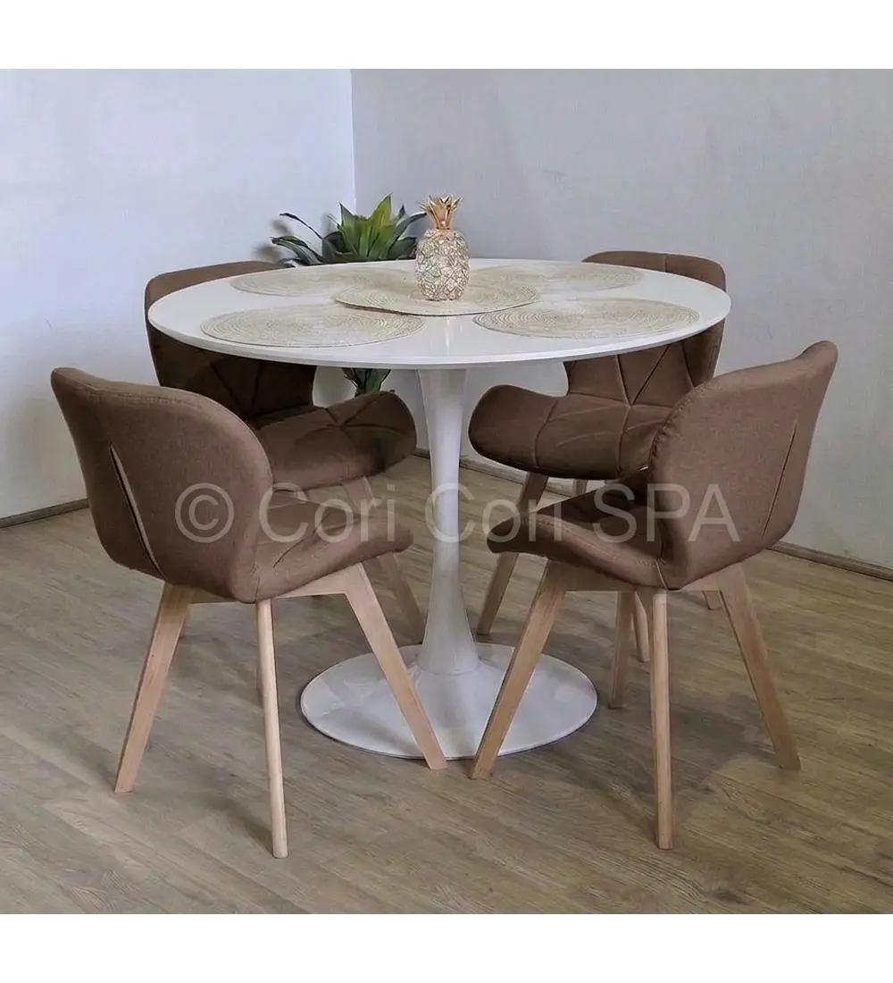 Comedor Mesa Tulip 100cms Blanca + 4 Sillas Mariposa Ecocuero Wood