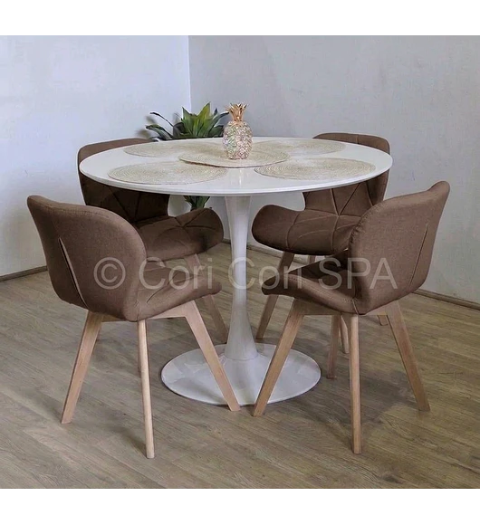 Comedor Mesa Tulip 100cms Blanca + 4 Sillas Mariposa Ecocuero Wood