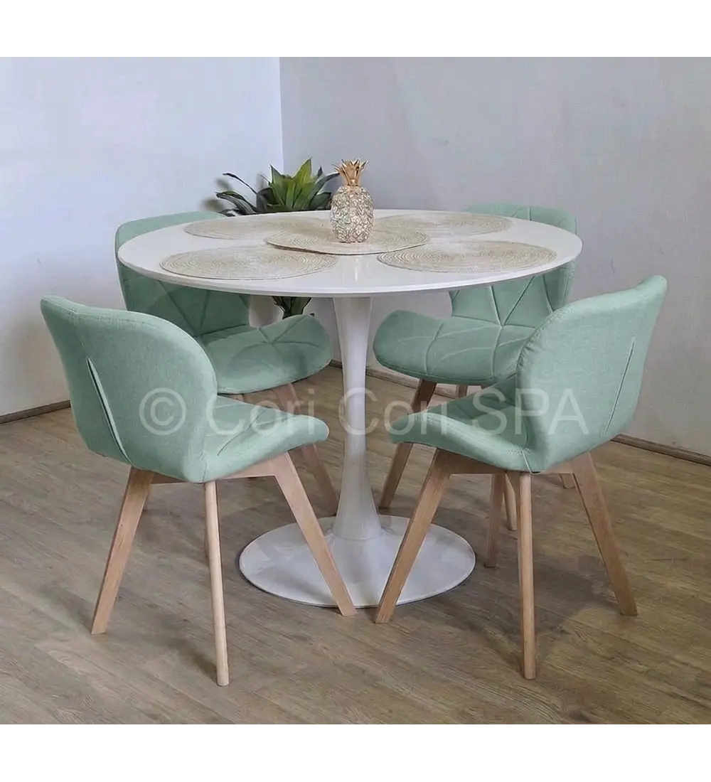 Comedor Mesa Tulip 100cms Blanca + 4 Sillas Mariposa Ecocuero Wood