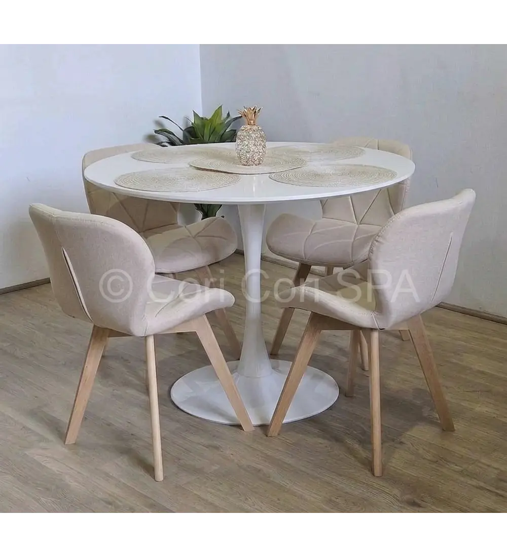 Comedor Mesa Tulip 100cms Blanca + 4 Sillas Mariposa Ecocuero Wood
