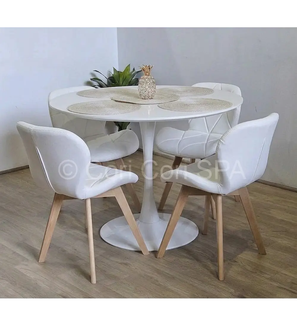 Comedor Mesa Tulip 100cms Blanca + 4 Sillas Mariposa Ecocuero Wood