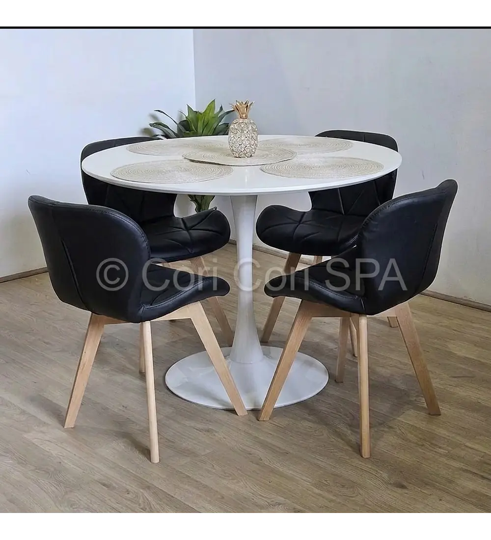 Comedor Mesa Tulip 100cms Blanca + 4 Sillas Mariposa Ecocuero Wood