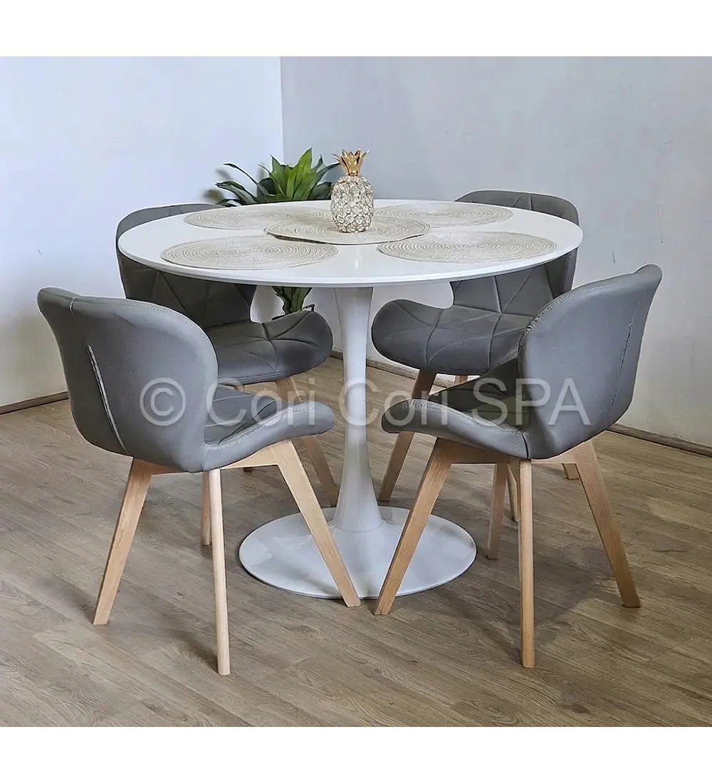 Comedor Mesa Tulip 100cms Blanca + 4 Sillas Mariposa Ecocuero Wood