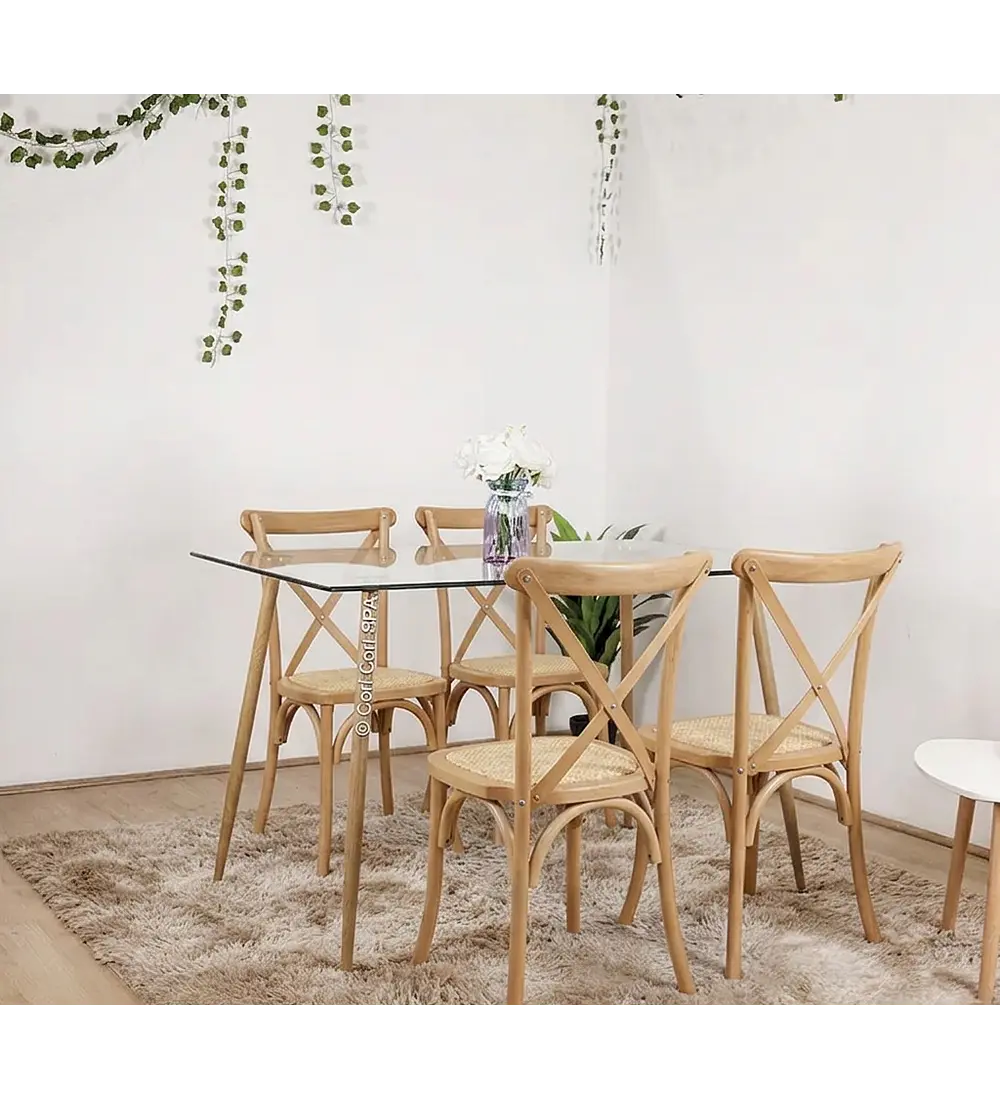 Comedor Rubi Vidrio 120x80cm + 4 Sillas Crossback Madera